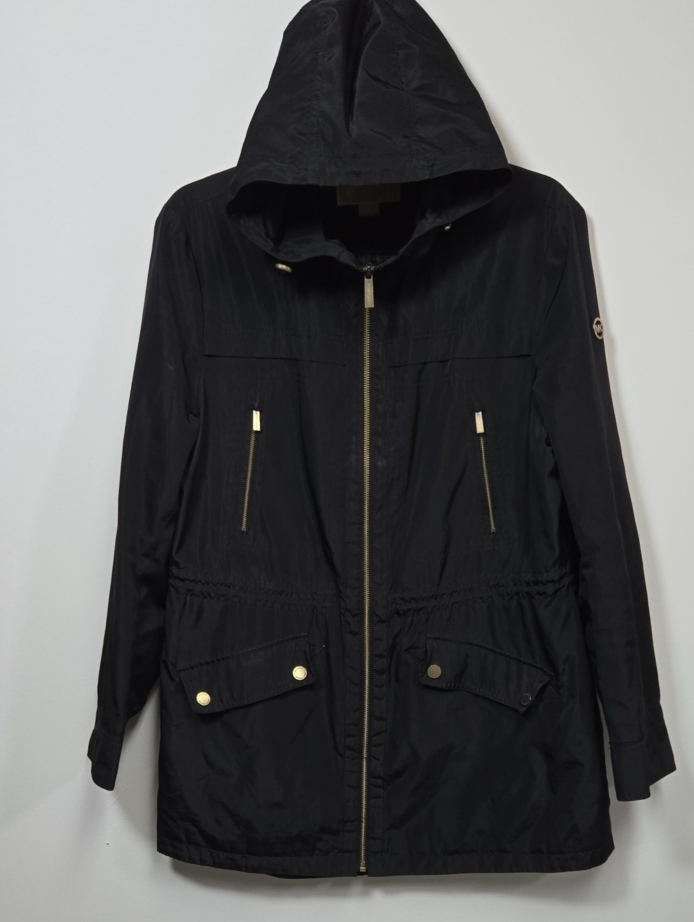 Michael Kors Black Lightweight Hooded Utility Jacket with Gold Hardware Large